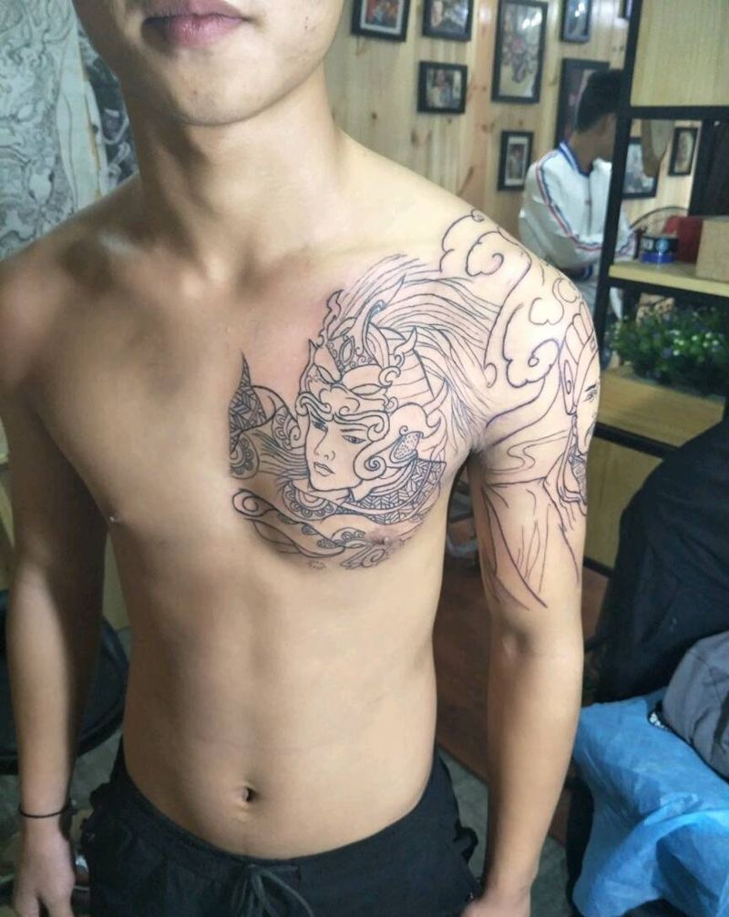 半甲线条纹身图片