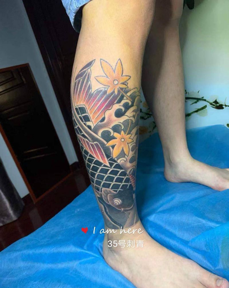 老传统小腿纹身图片_脚部老传统纹身图案