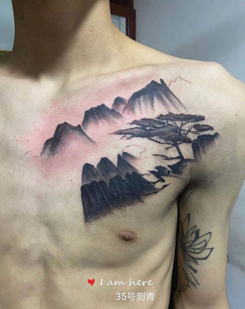山水遮盖纹身图片_胸部水墨纹身图案