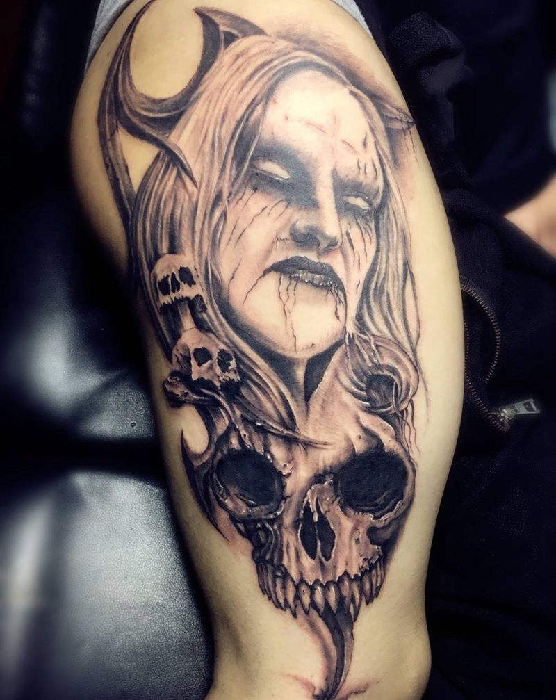 吸血鬼纹身图片_成品腿部欧美人物纹身图案