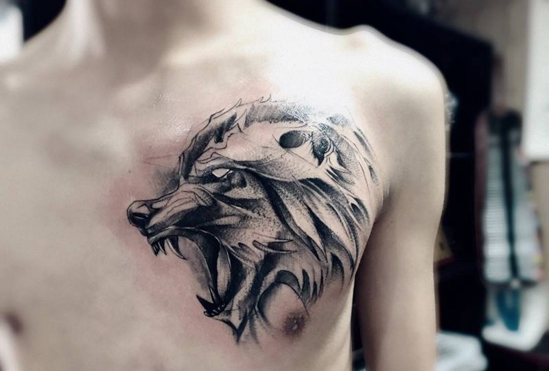 胸口狼头纹身图片