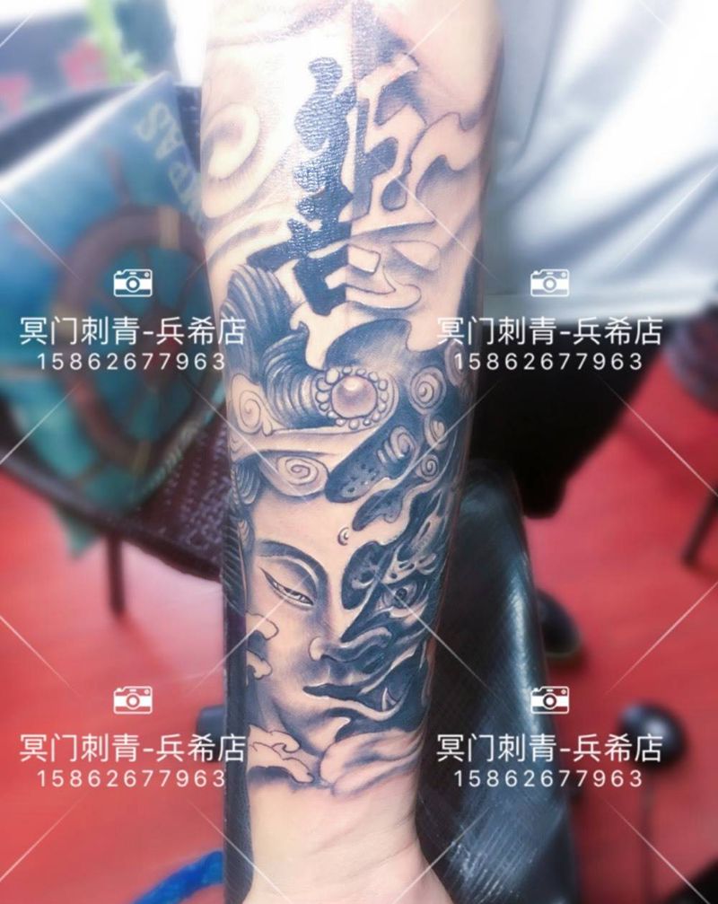 一念纹身图片_成品手臂传统人物纹身图案