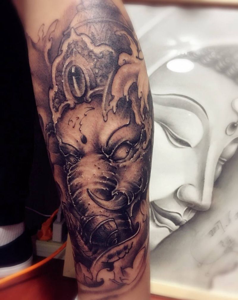 小腿象神纹身图片_成品腿部传统人物纹身图案