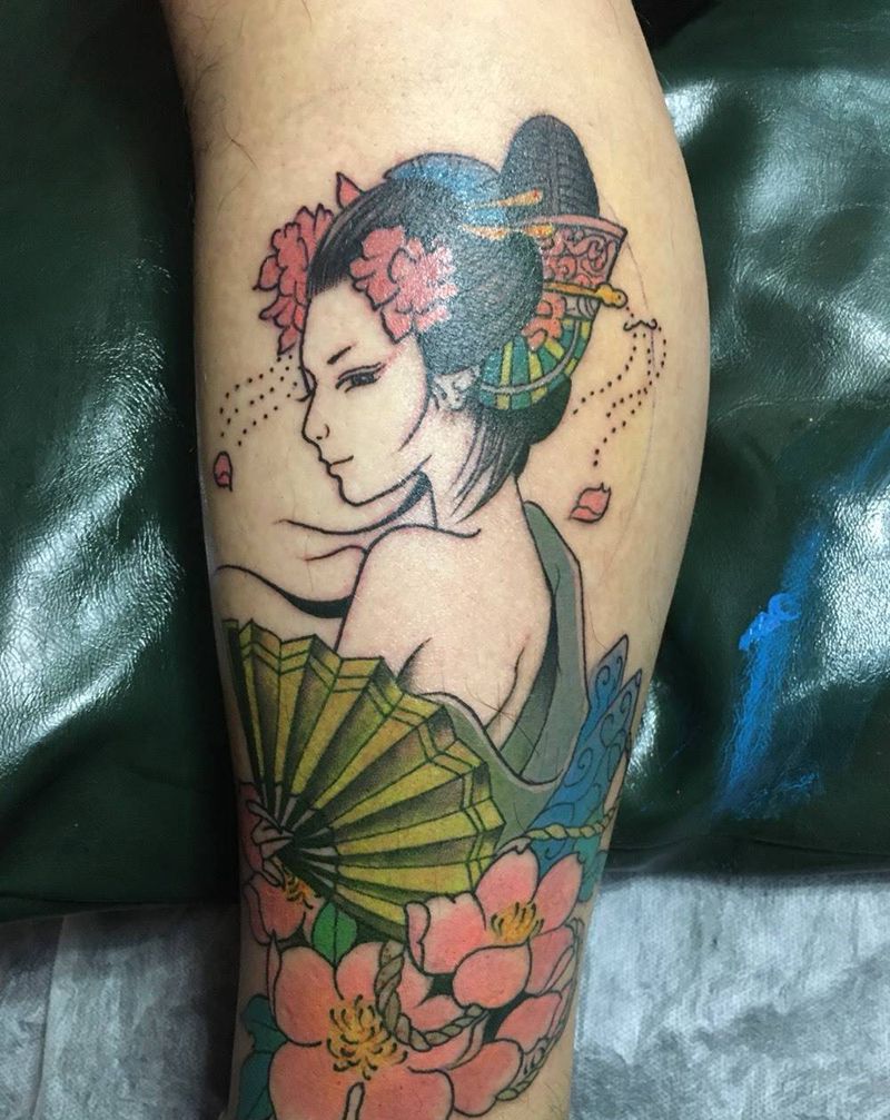 艺妓纹身图片_腿部手部新传统水彩艺妓纹身图案