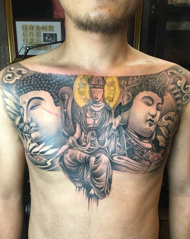 三面佛纹身图片_胸部新传统欧美写实佛三面佛胸口纹身图案