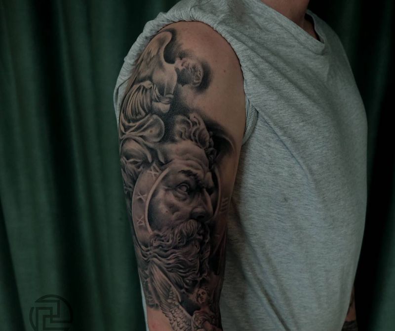 波塞冬纹身图片_肩部手臂欧美写实纹身图案