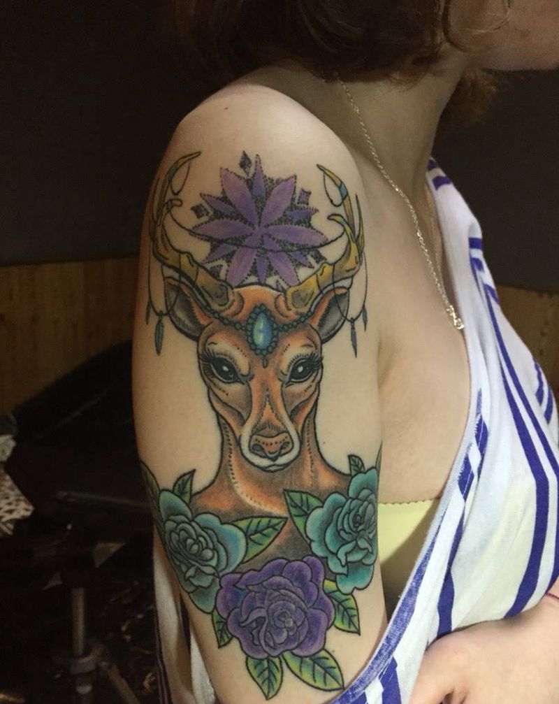 鹿纹身图片_成品手臂清新动物纹身图案