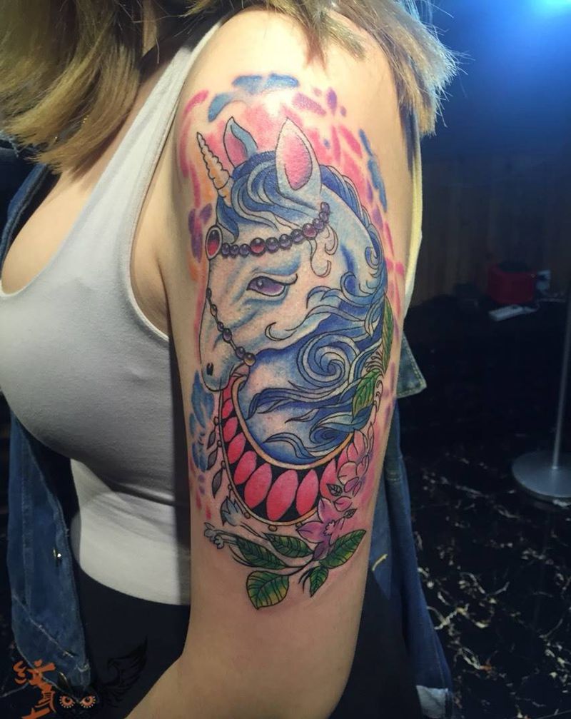 独角兽纹身图片_成品手臂手部欧美清新动物鬼神宗教纹身图案