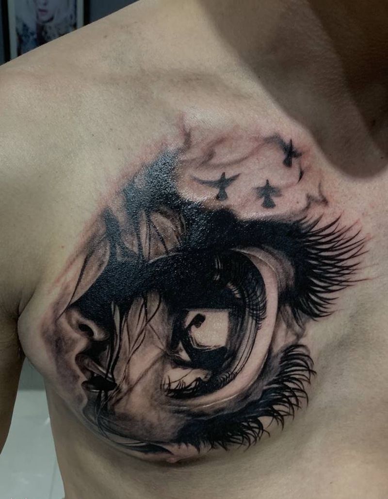 守望纹身图片_胸部背部欧美写实水墨纹身图案