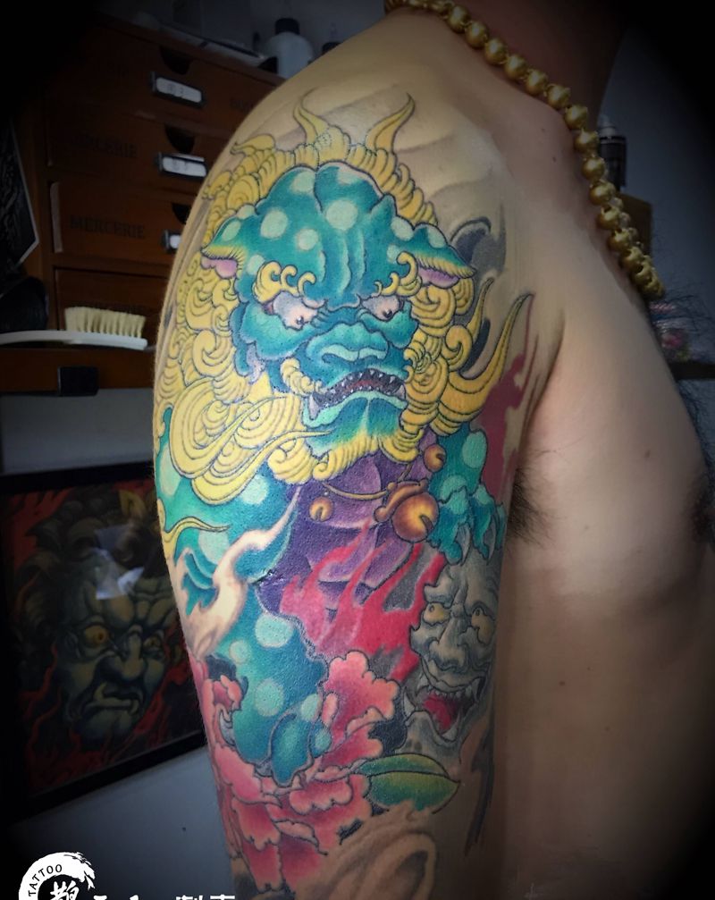 唐狮纹身图片_手臂新传统纹身图案