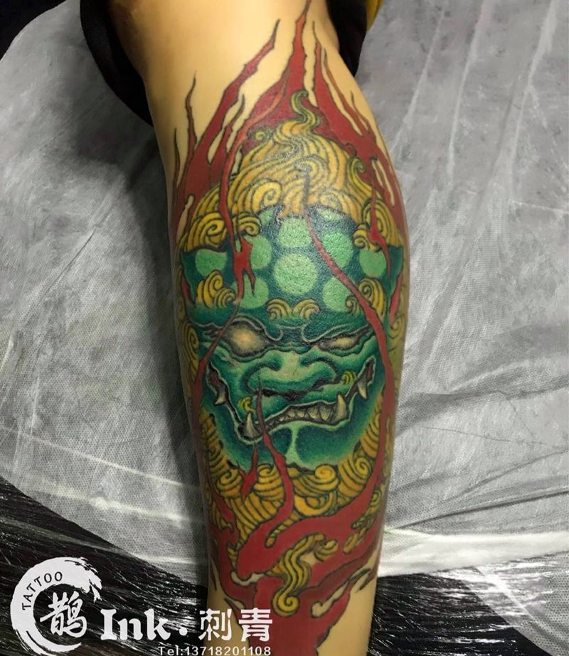 唐狮纹身图片_脚部新传统唐狮纹身图案