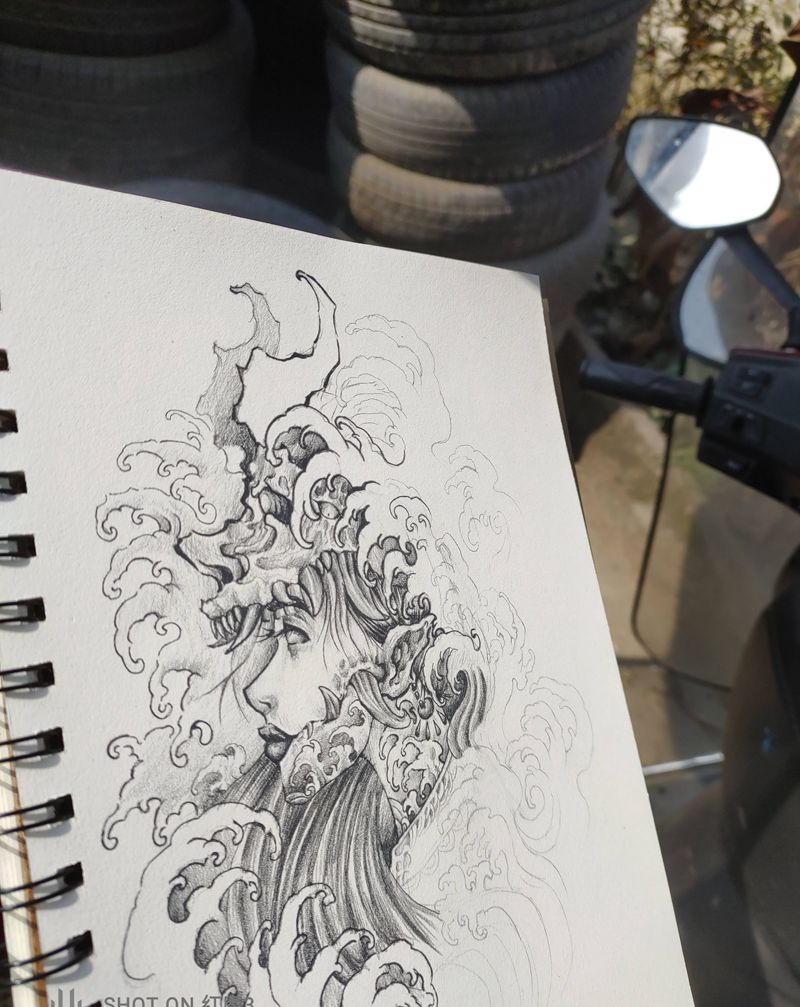 原创手稿喜欢可以私信评论纹身图片_腿部手臂新传统般若艺伎纹身图案