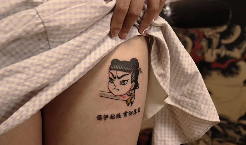 保护姑娘纹身图片_腿部New School纹身图案