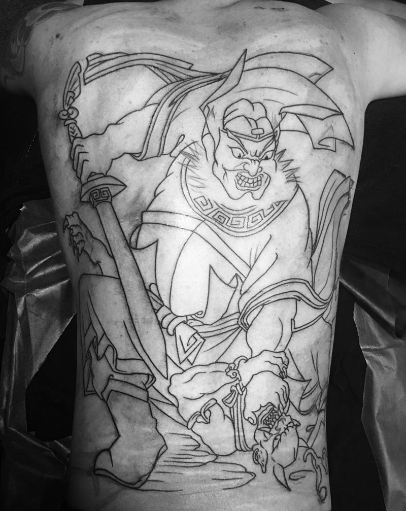 钟馗线条纹身图片_成品背部传统人物纹身图案