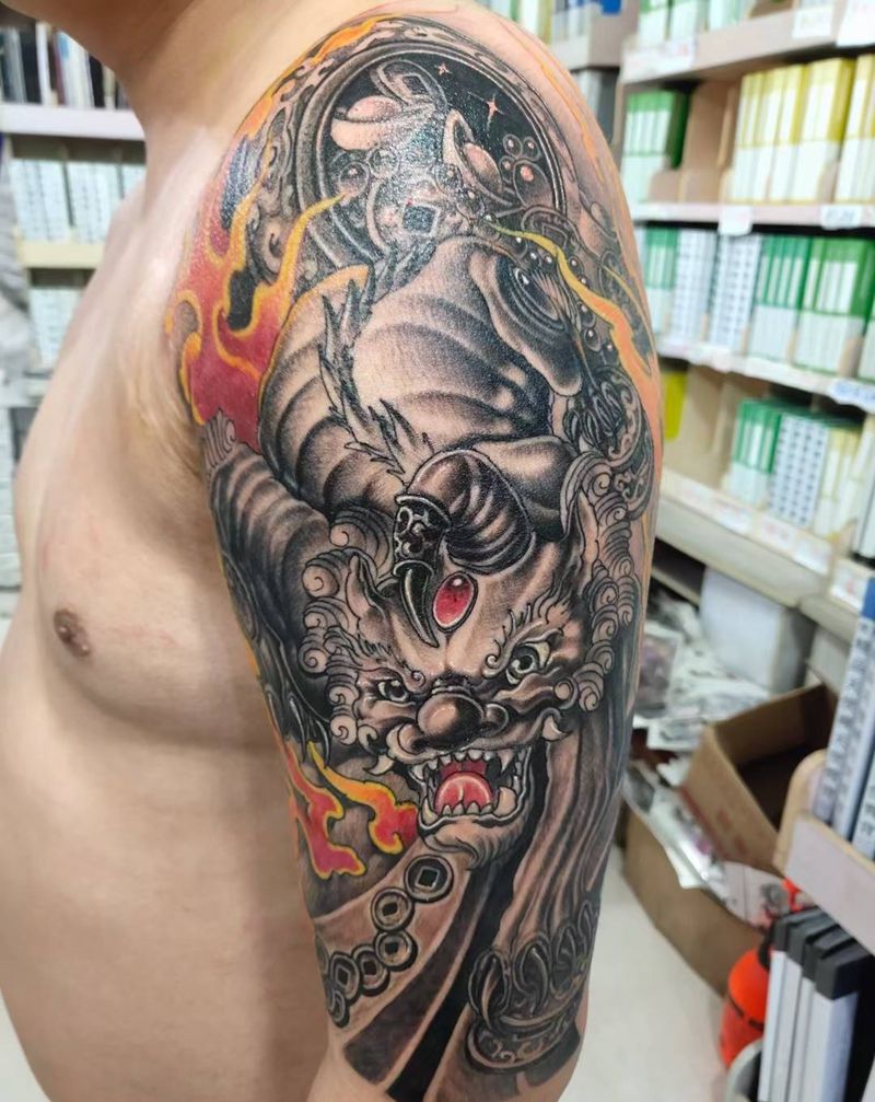 独角兽狼貔貅欣赏纹身图片_手臂胸部水彩新传统独角兽狼毒花貔貅纹身图案