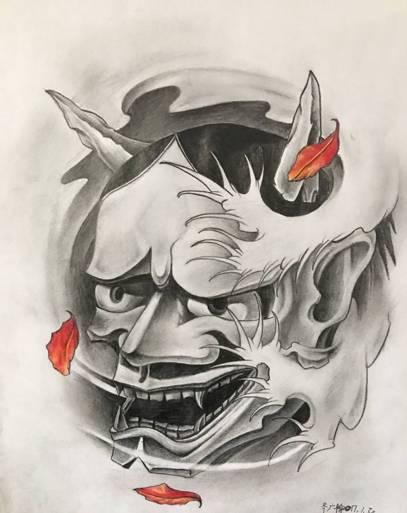 般若纹身图片_手稿肩部背部传统鬼神纹身图案