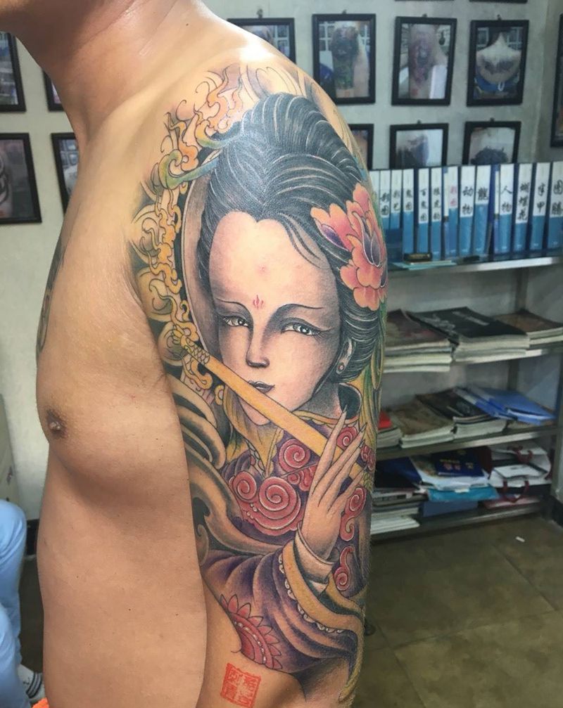 仕女纹身图片_成品手臂传统人物纹身图案