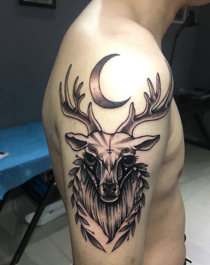 鹿纹身图片_手臂腿部Old School几何纹身图案