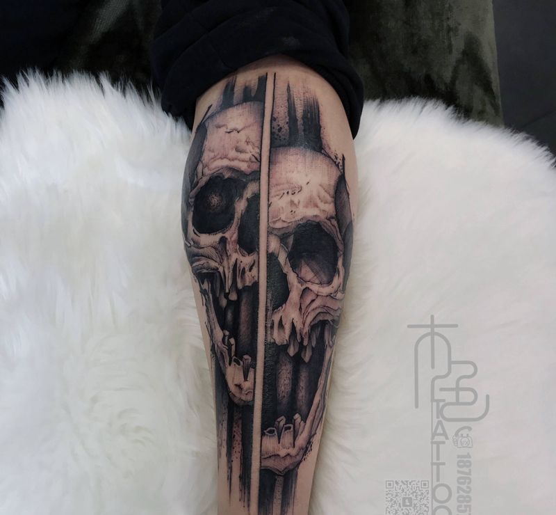 骷髅纹身图片_腿部点刺纹身图案