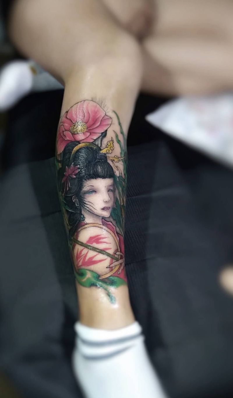 小腿遮盖作品纹身图片_腿部新传统纹身图案