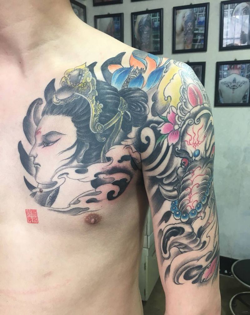 半甲纹身图案纹身图片_成品胸部手臂肖像传统人物动物纹身图案