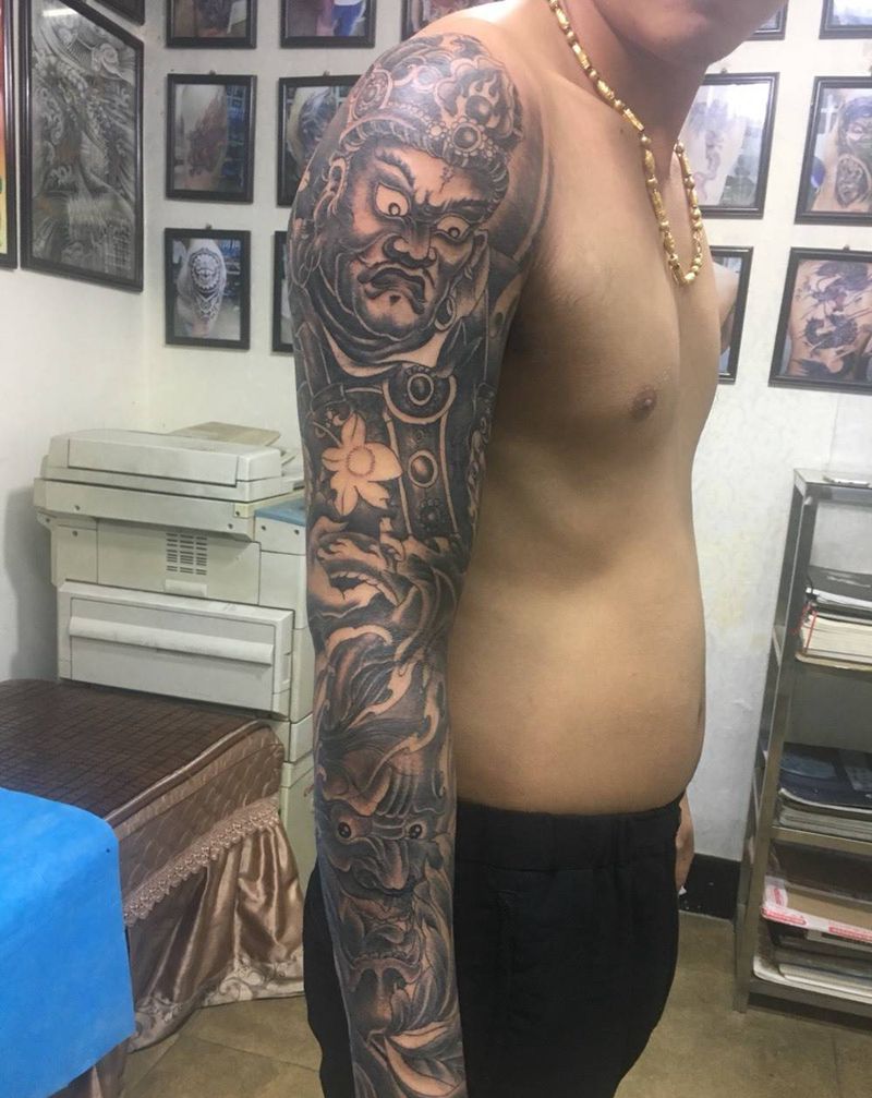 花臂纹身图片_成品手臂传统人物鬼神纹身图案