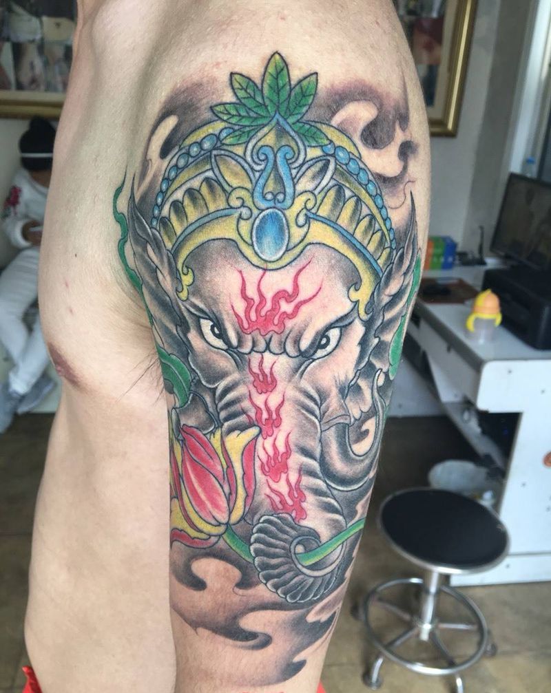 象神纹身图片_成品手臂传统动物纹身图案