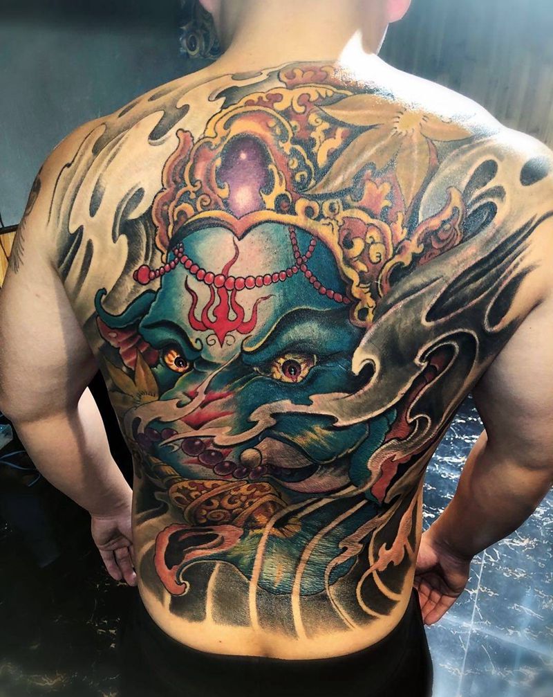 满背遮盖作品，象神纹身图片