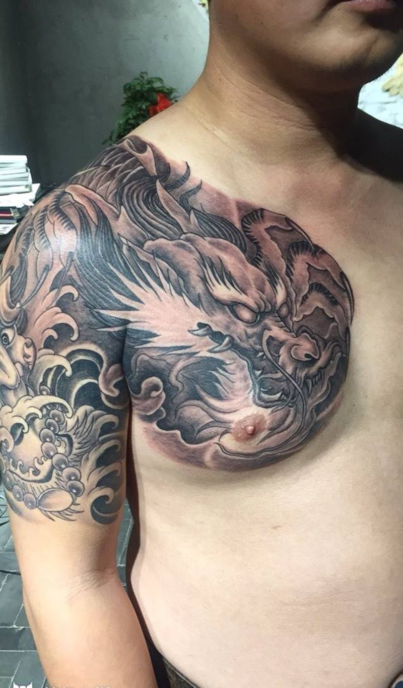 半甲，般若，龙纹身图片