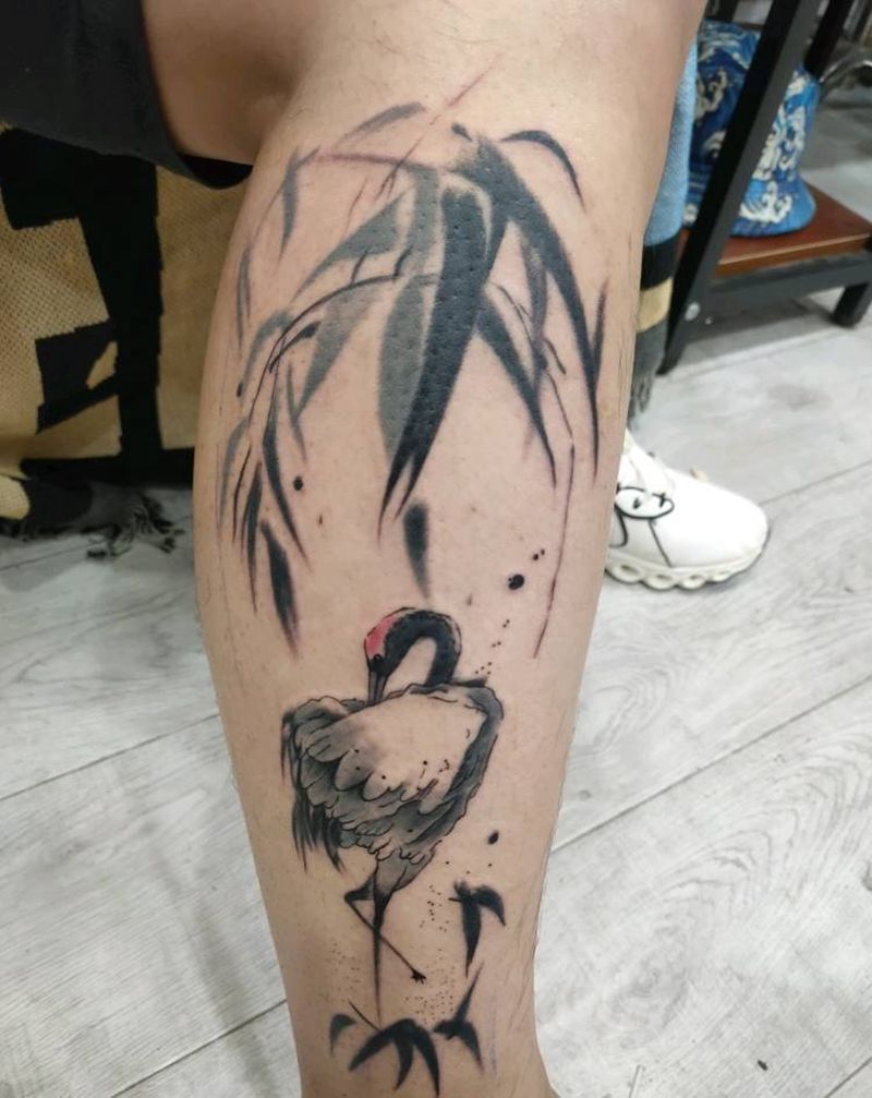 鹤纹身图片_腿部新传统仙鹤国画纹身图案