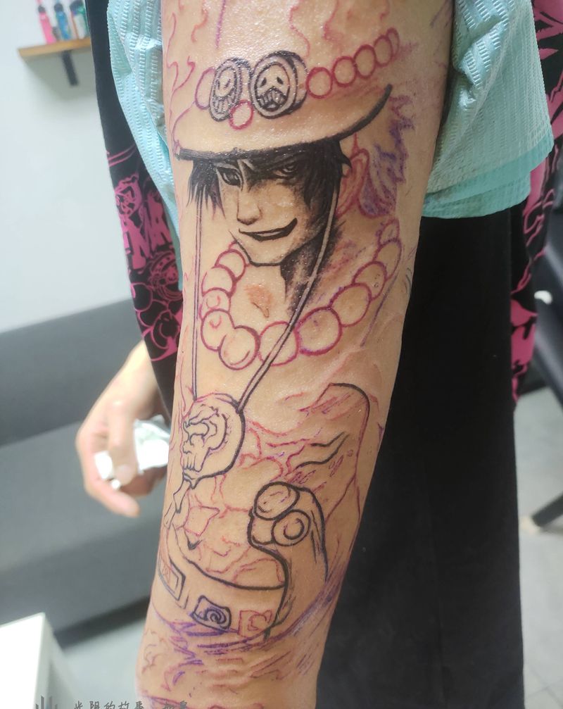 火拳艾斯，未完成纹身图片_手臂漫画人物纹身图案