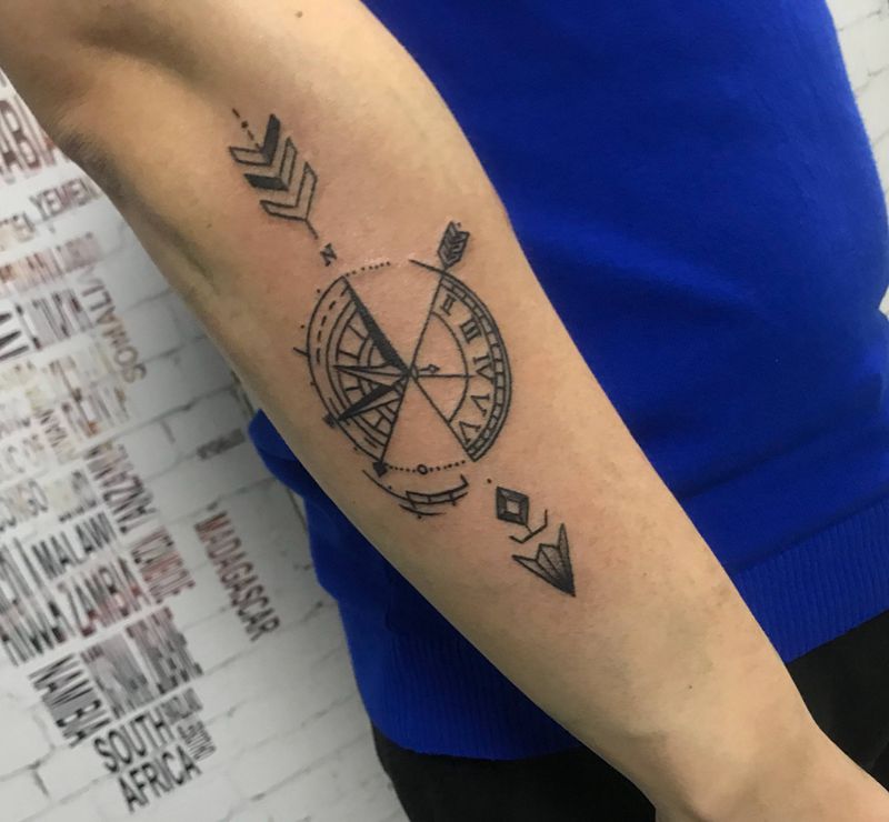 指南针纹身图片_成品手臂几何纹身图案
