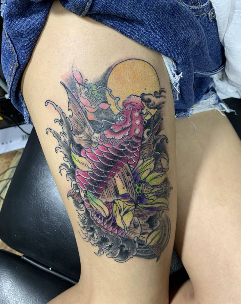 锦鲤纹身图片_腿部纹身图案