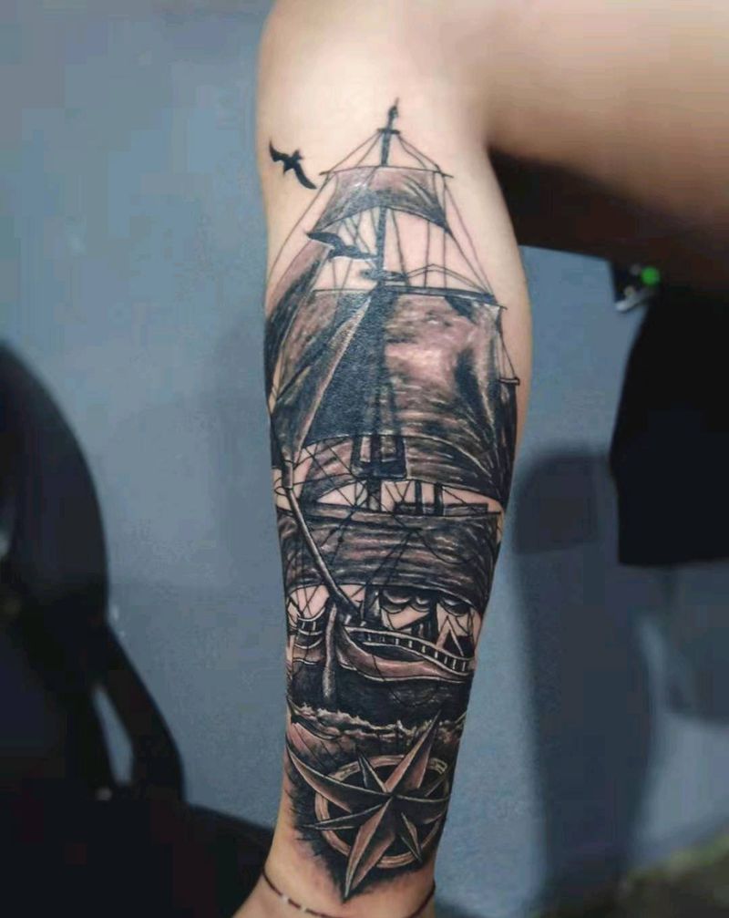 激流勇进 一帆风顺纹身图片_腿部纹身图案