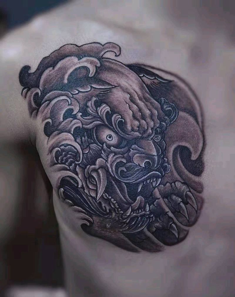 唐狮纹身图片_胸部新传统纹身图案