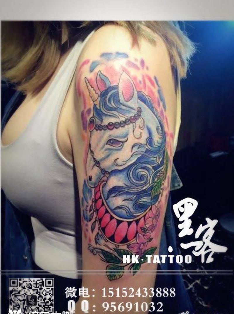 独角兽纹身图片_成品手臂欧美肖像动物纹身图案