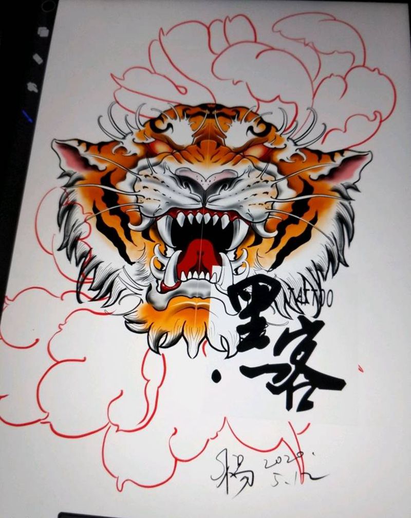 虎与牡丹纹身图片_腿部手臂新传统New School虎牡丹纹身图案