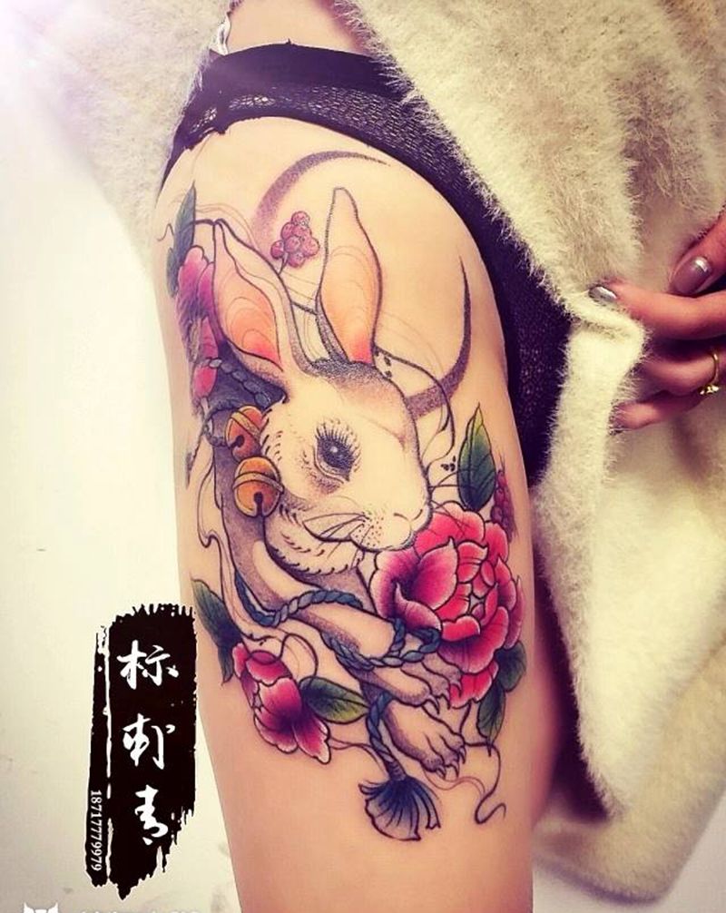 生肖，兔纹身图片_腿部点刺新传统生肖 兔纹身图案