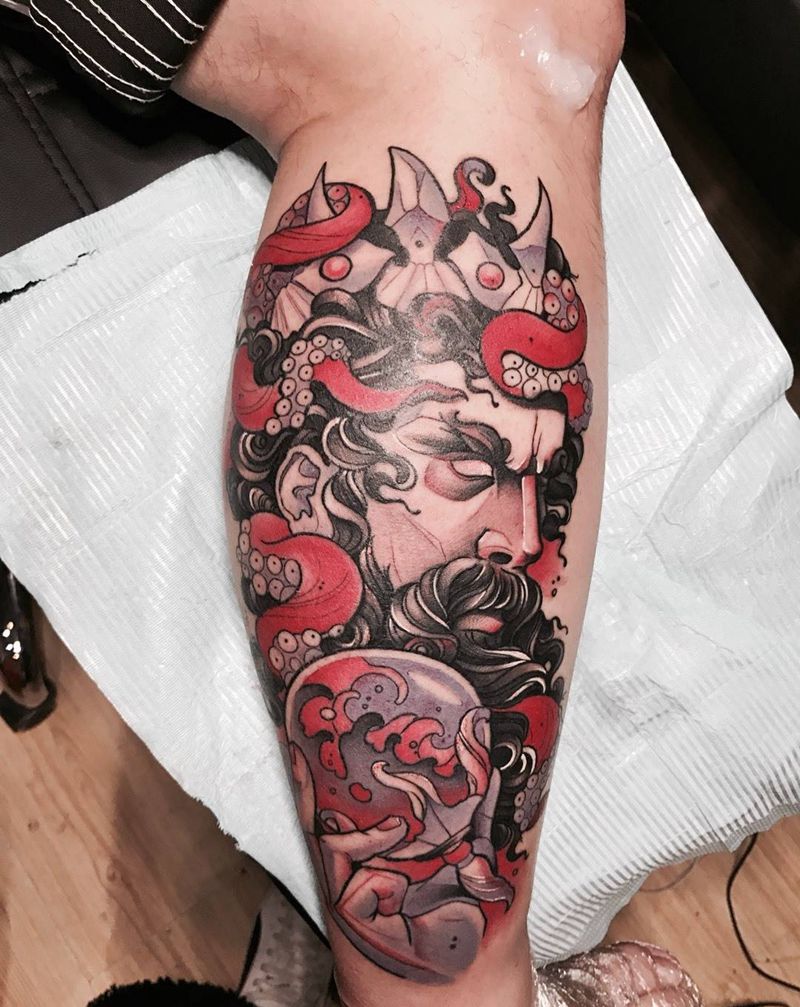 海神波塞冬纹身图片_腿部Old SchoolNew School纹身图案