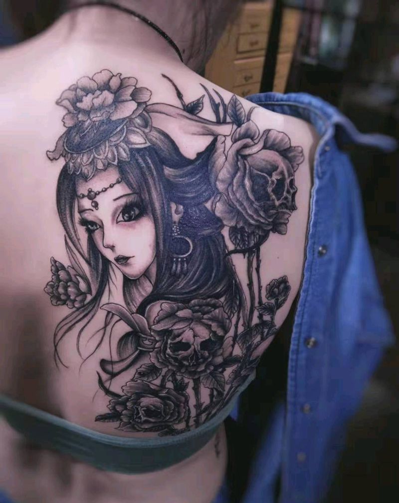 艺伎纹身图片_背部新传统纹身图案