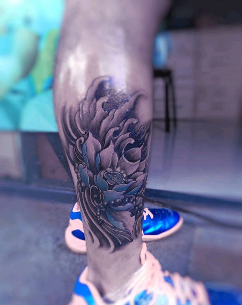 小腿 荷花纹身图片