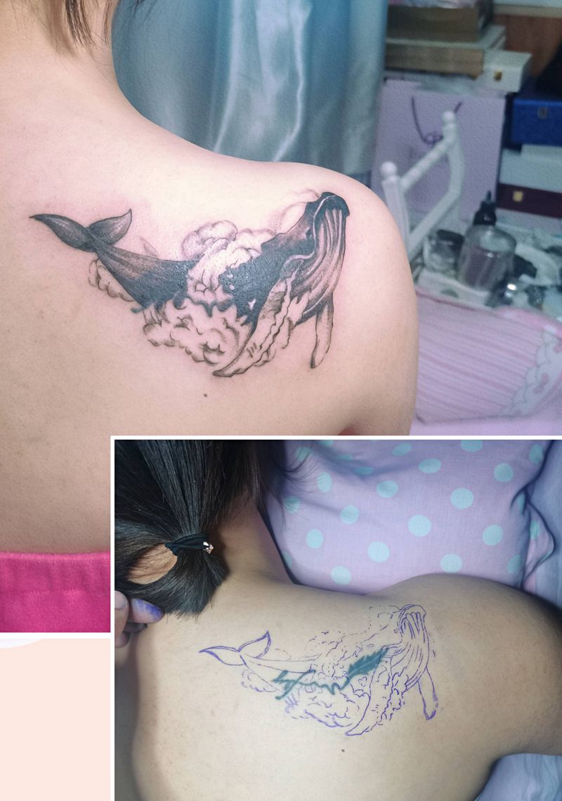 鲸鱼遮盖纹身图片_肩部纹身图案