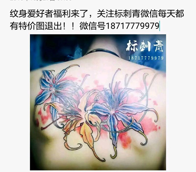 彩色花，后背纹身图片_背部清新植物成品纹身图案