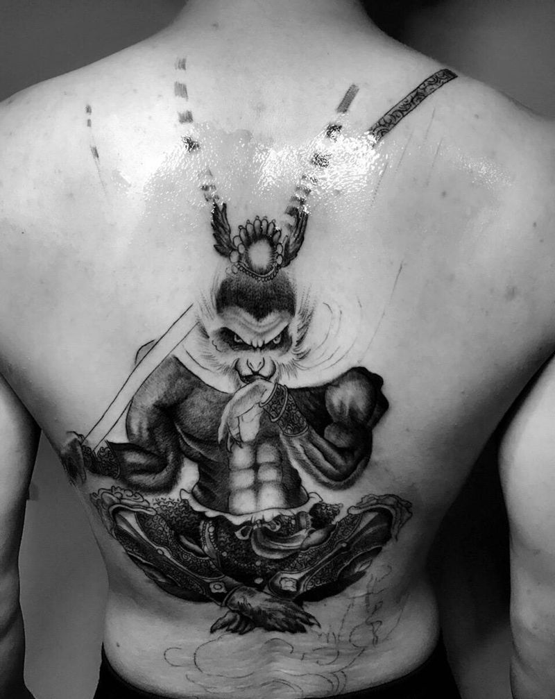 猴子半成品纹身图片_背部传统人物成品纹身图案