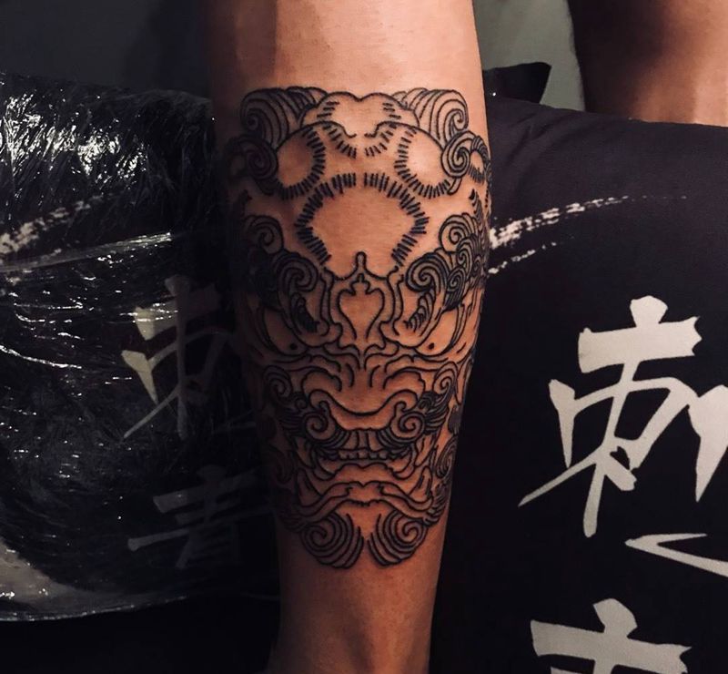 唐狮线条纹身图片