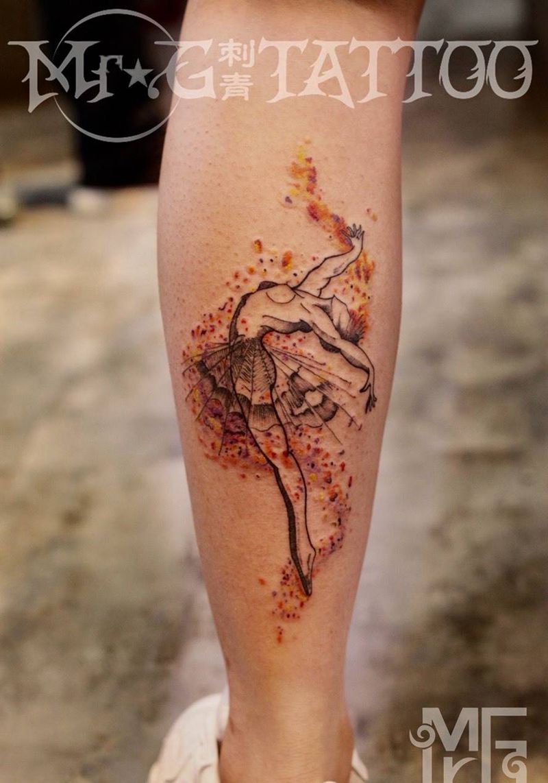 舞者纹身图片_腿部清新人物成品纹身图案