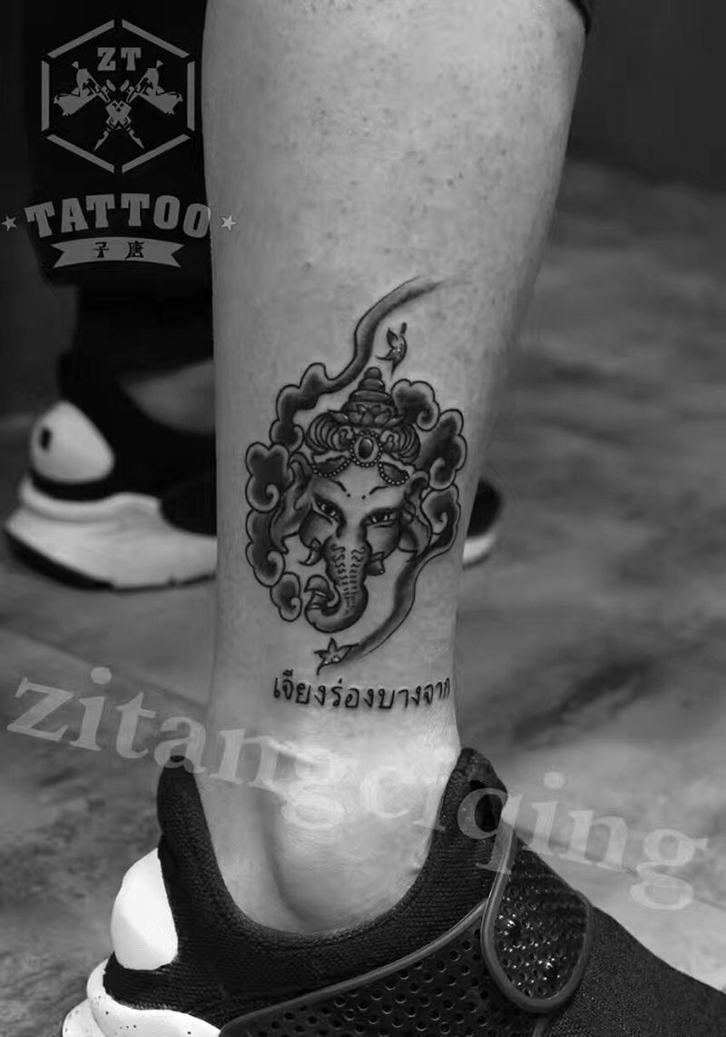 小象神纹身图片_成品腿部传统动物纹身图案