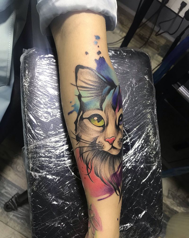 泼墨小猫咪纹身图片_New School纹身图案