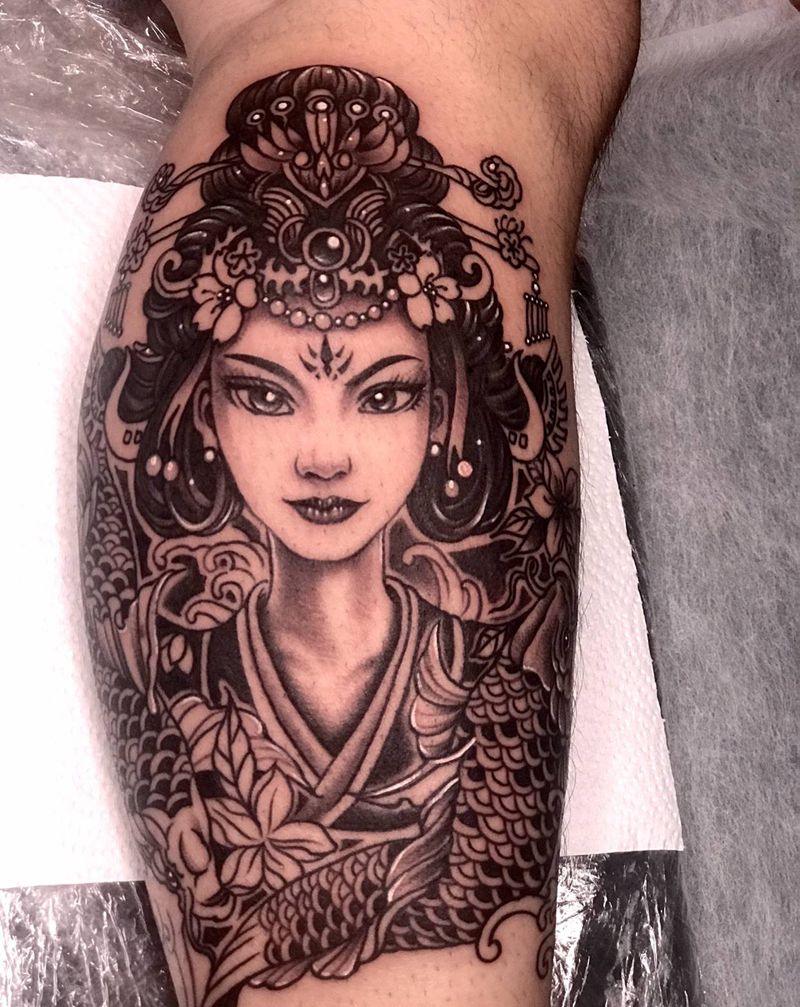 艺妓纹身图片_腿部新传统纹身图案