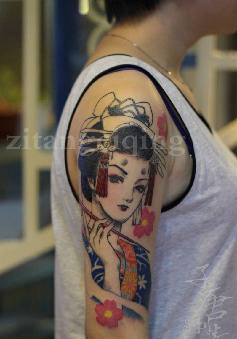 还剩一次艺妓纹身图片_成品手臂传统肖像清新人物原创纹身图案